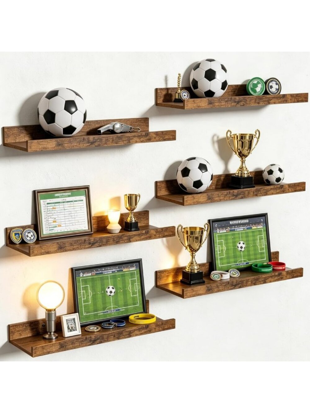 6 Pack Wooden Floating Shelves - Wall Storage Decor for Bathroom, Bedroom